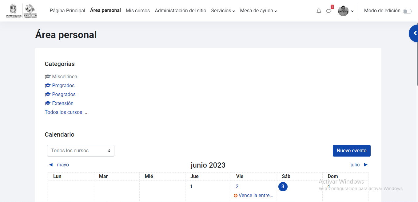 Página de Área personal por defecto