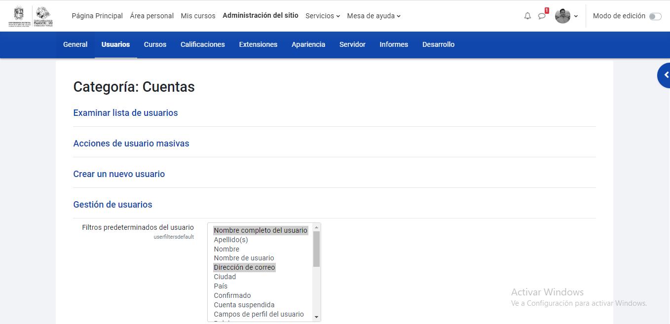 Directorio Administradores Moodle por facultad