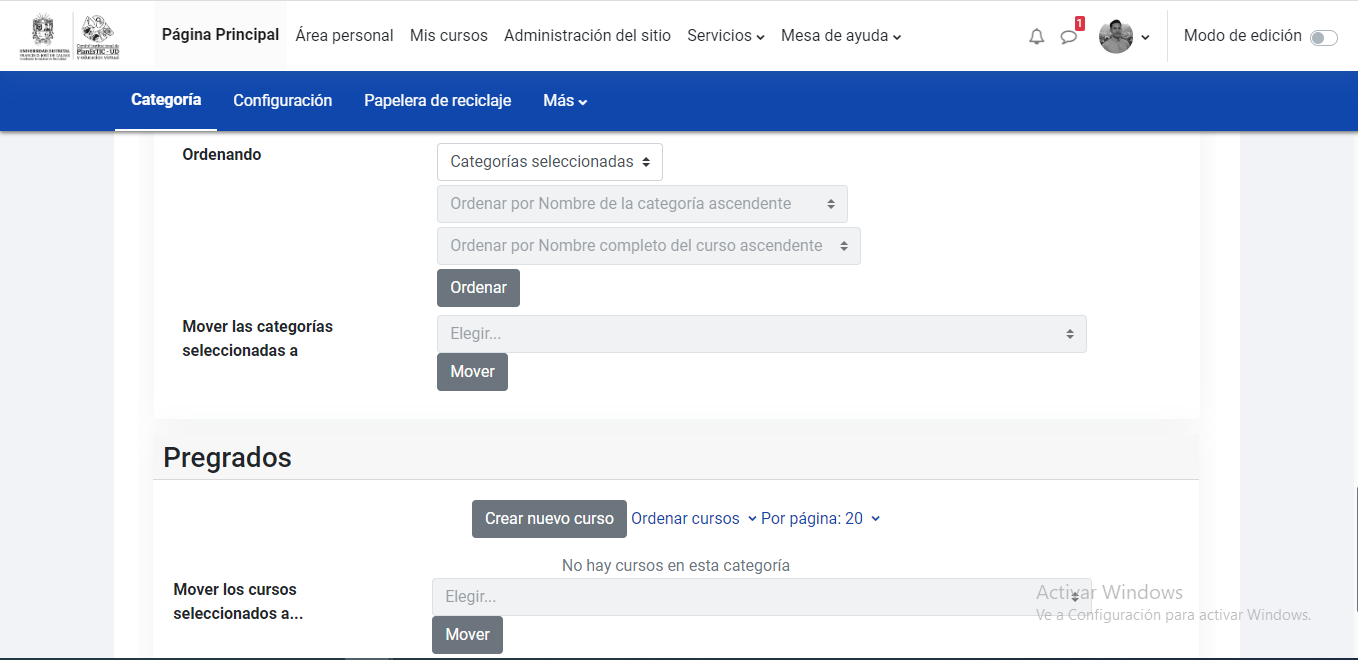 Formulario de creación de categorías