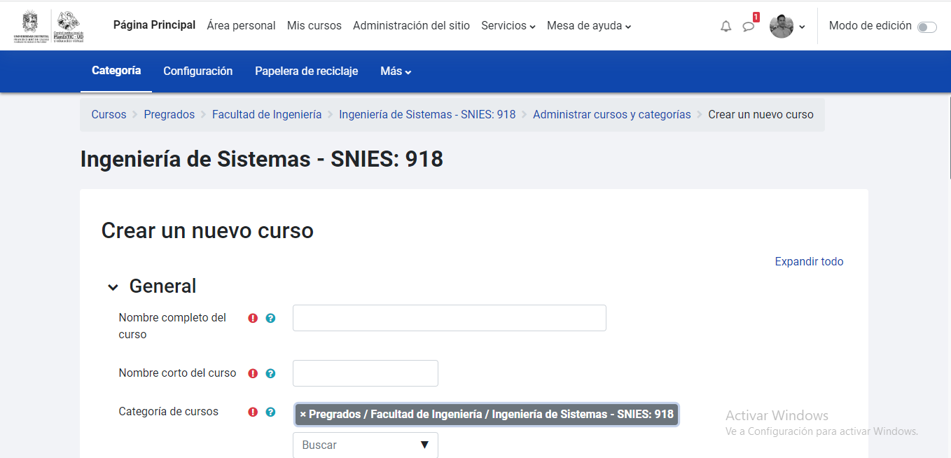 Creación de nuevo curso