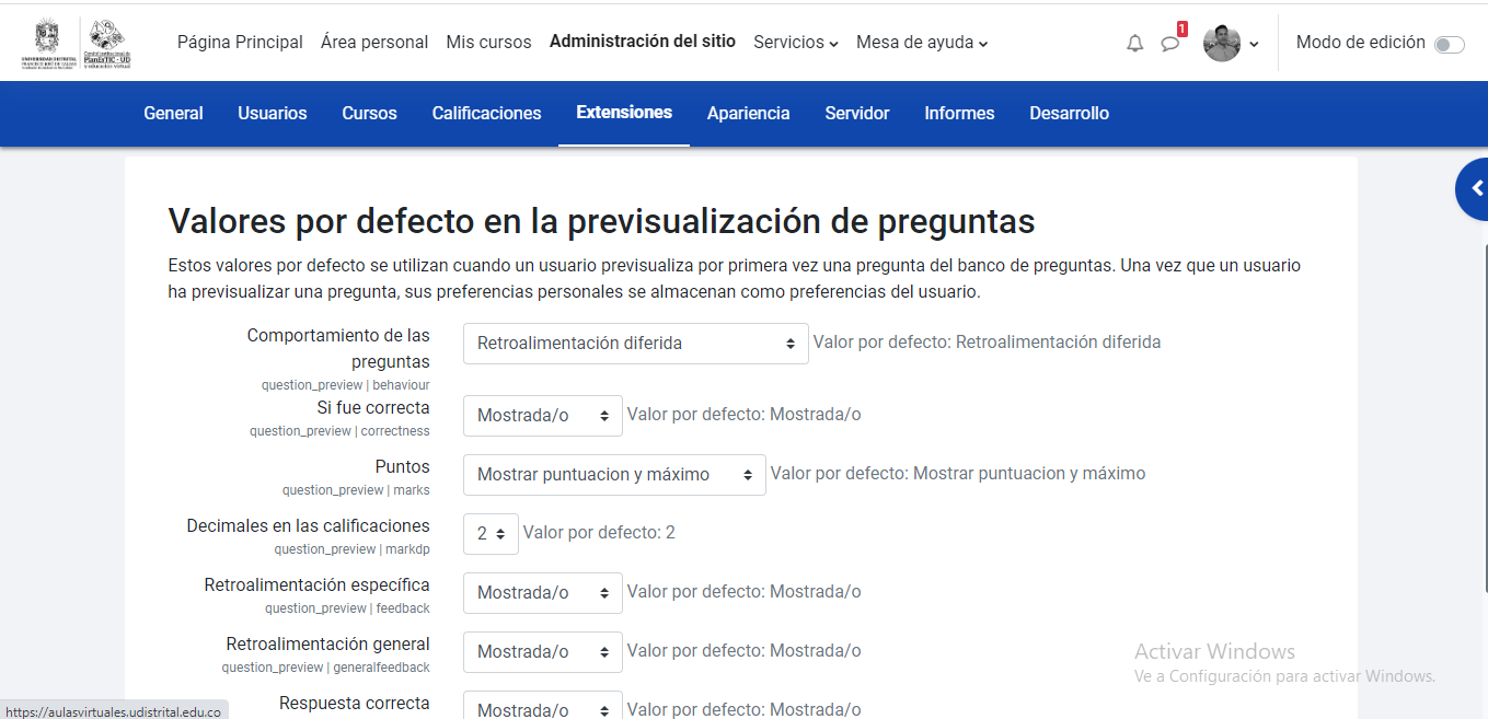 Valores por defecto en la previsualización de preguntas