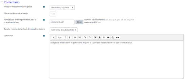 Opción configuración de la evaluación del Módulo Taller